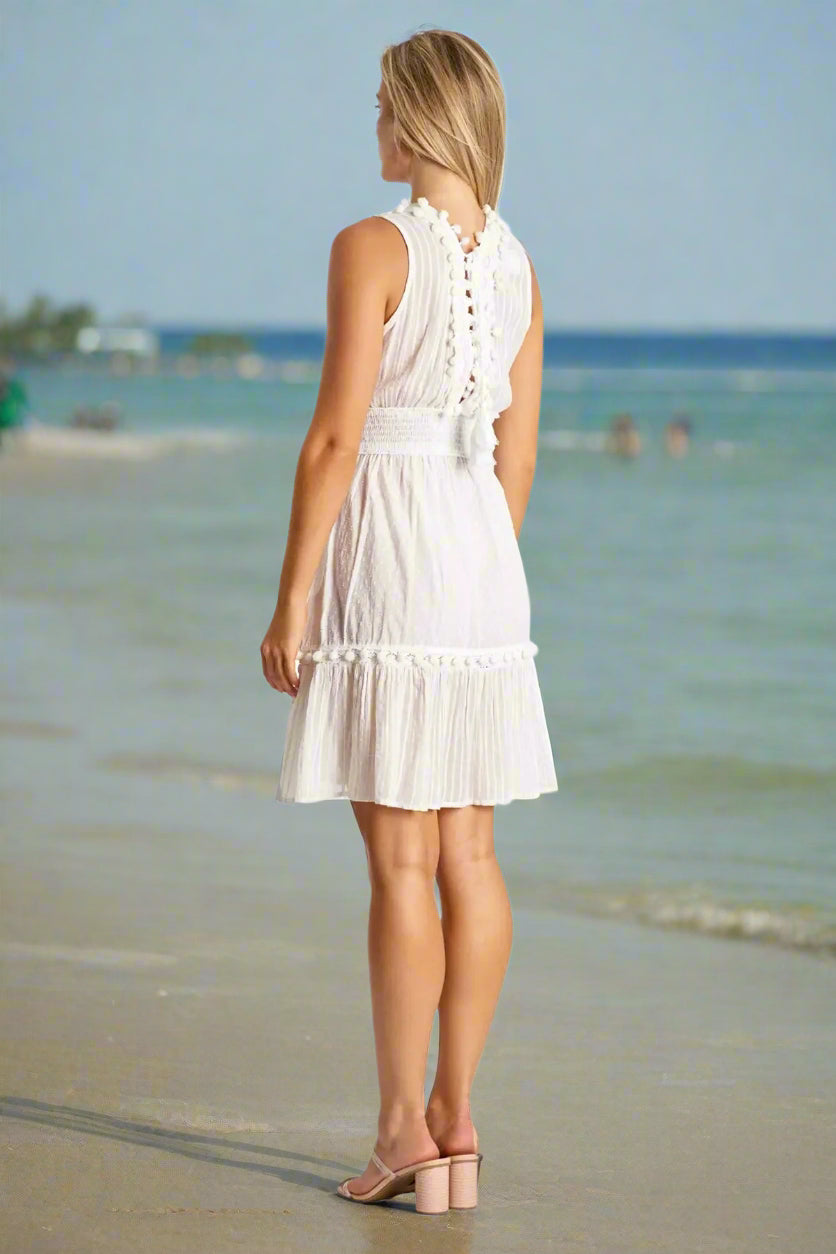 Elastic Waistband Mini Dress in White - La Moda Clothing