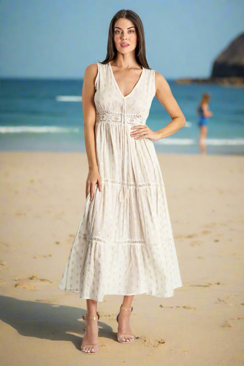 Off White Tiered Maxi Resort Dress - La Moda Clothing
