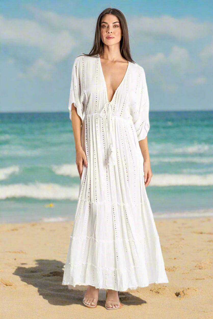 white embellished maxi resort vacation dress - La Moda Clothing