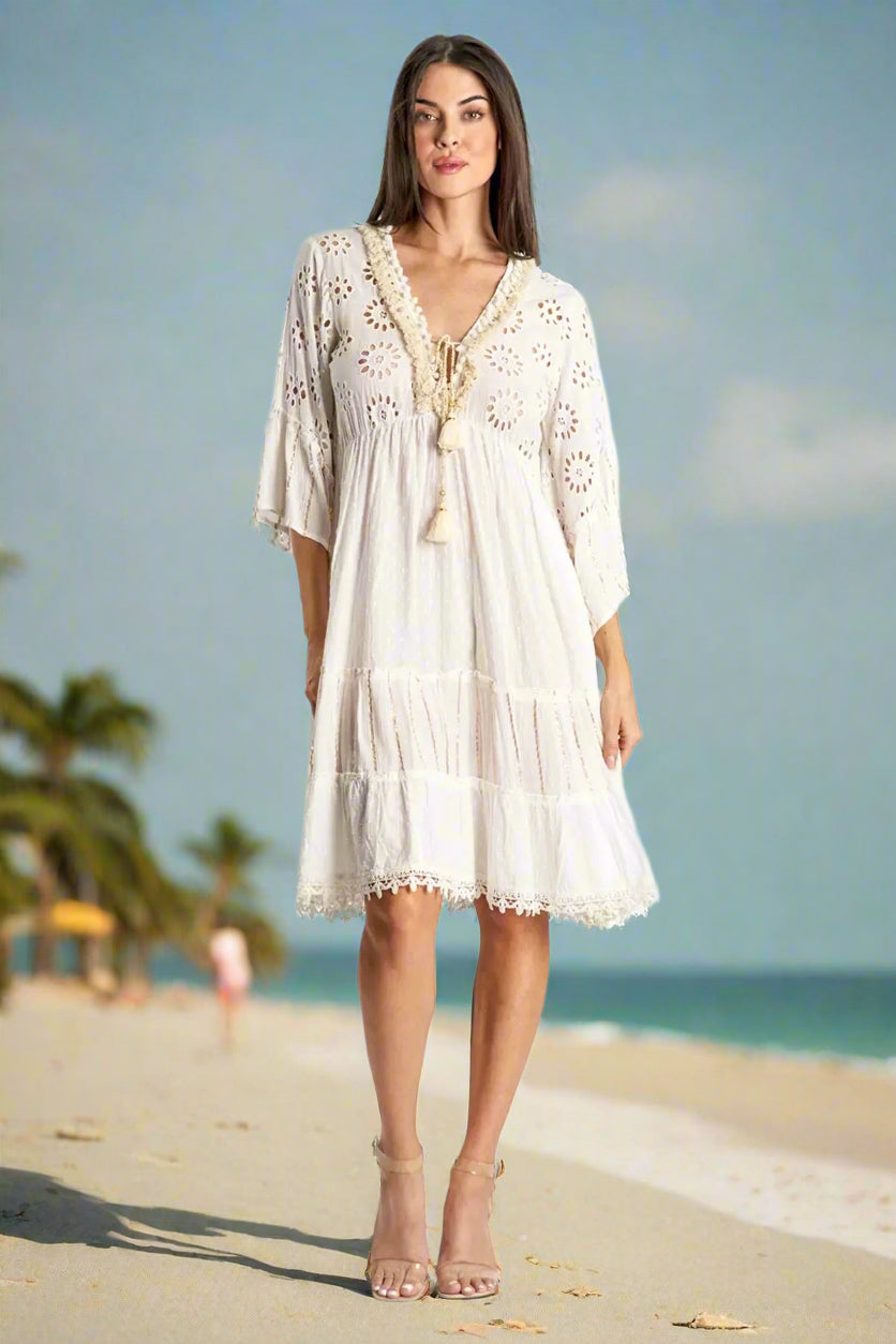 3/4 Sleeve Eyelet Resort Dress in White - La Moda Clothing