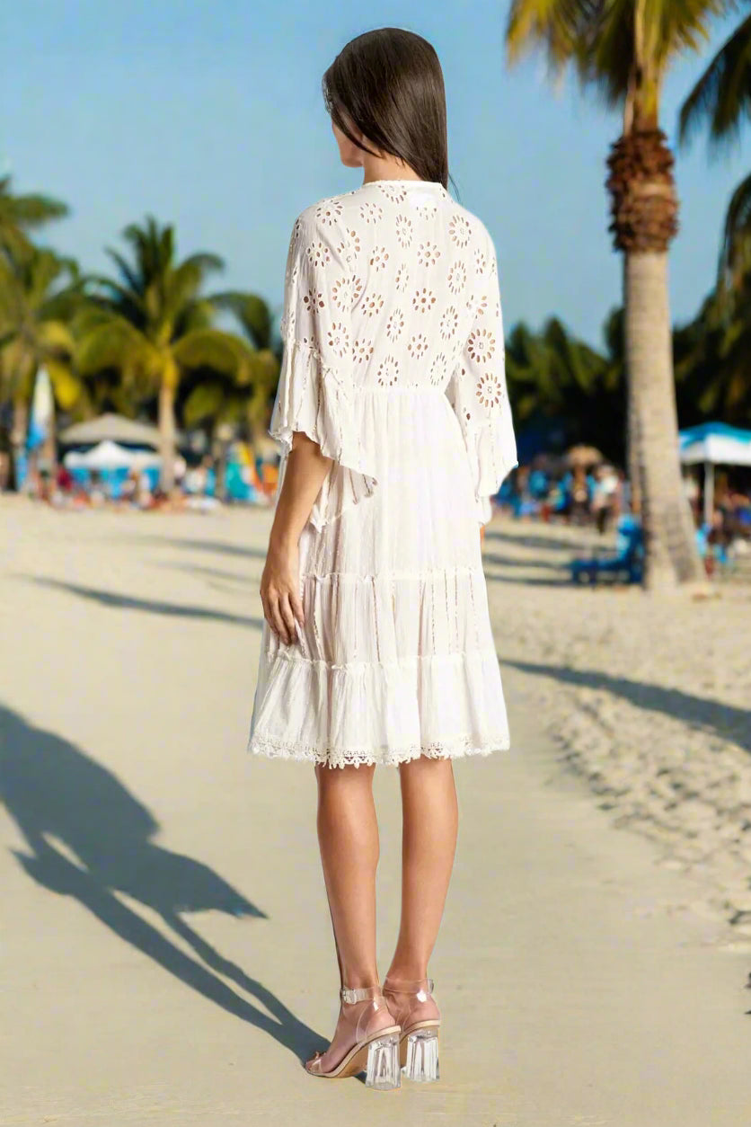 3/4 Sleeve Eyelet Resort Dress in White - La Moda Clothing