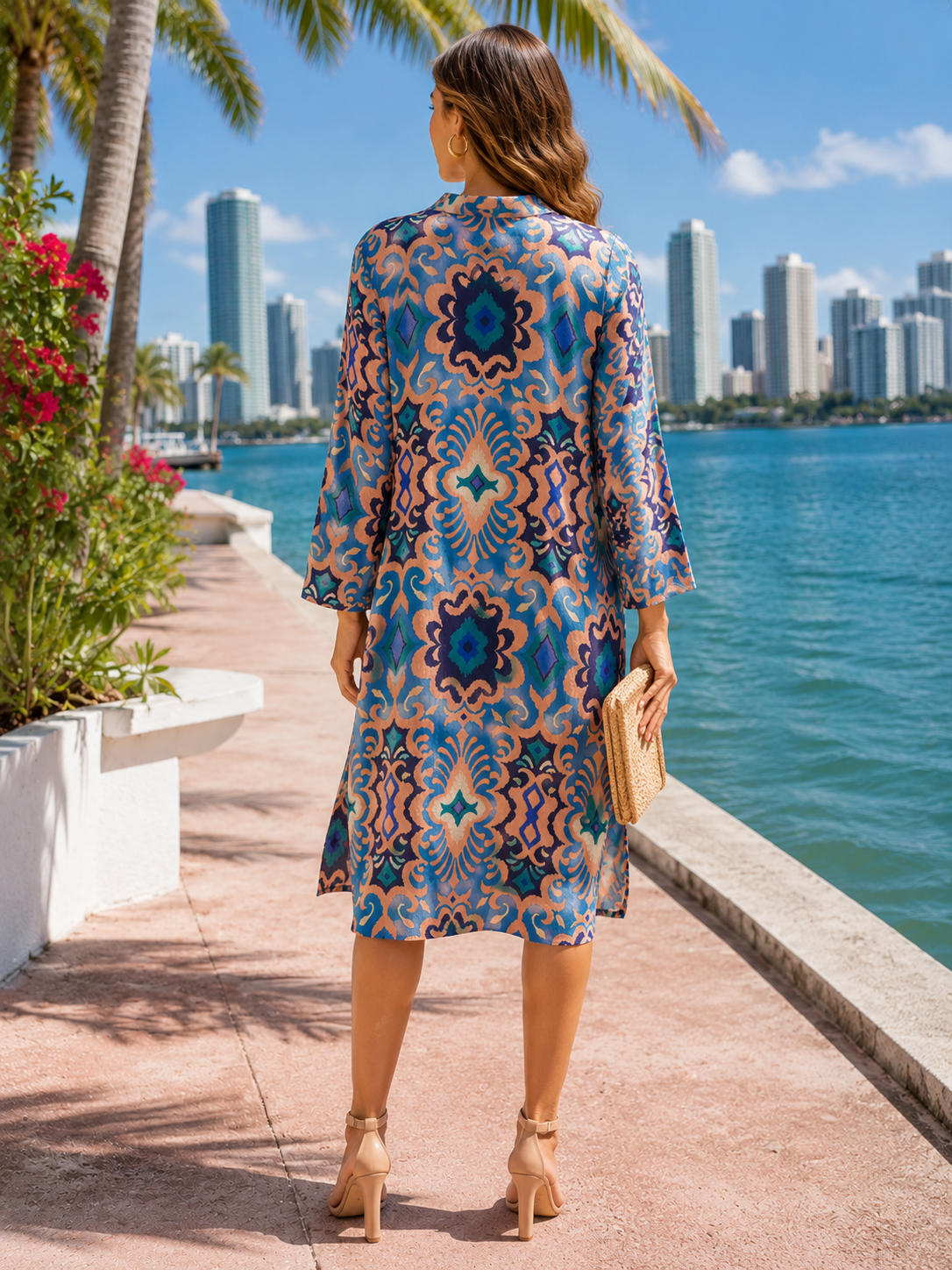 Women's Tropical Print Resort Dress | Blue & Coral Vacation Dress | Beach Cover-Up