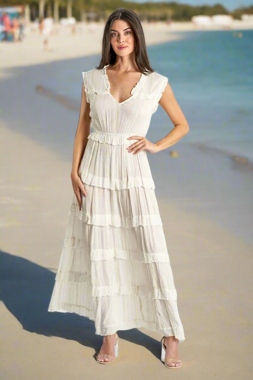 Tiered Maxi Dress in White - La Moda Clothing