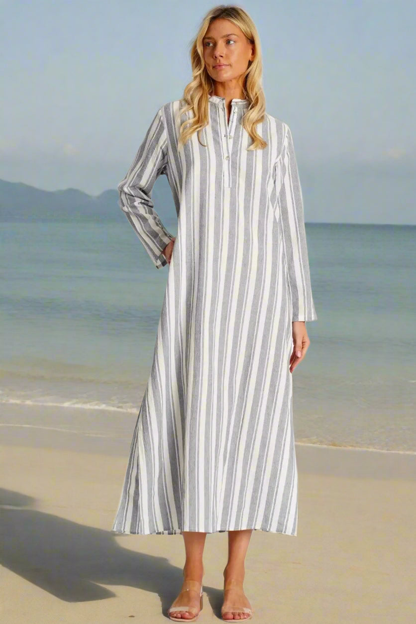 Striped Cotton Gauze Maxi Caftan  La Moda Clothing