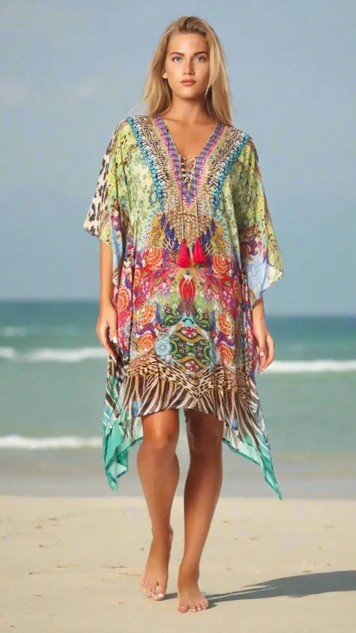 A woman with long blonde hair walks barefoot on a sandy beach, wearing a vibrant Animal Print Kaftan by La Moda Clothings. The kaftan features multicolored patterns, including animal prints and florals, with the ocean softly blurred behind her.