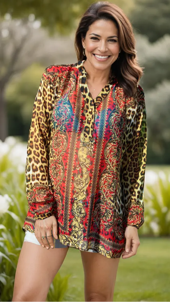 A woman with wavy brown hair smiles outdoors, wearing the Lamodaclothing Animal Print Tunic Cover Up featuring bold leopard and ornate red, gold, and blue baroque patterns. She pairs it casually with shorts amid lush greenery.