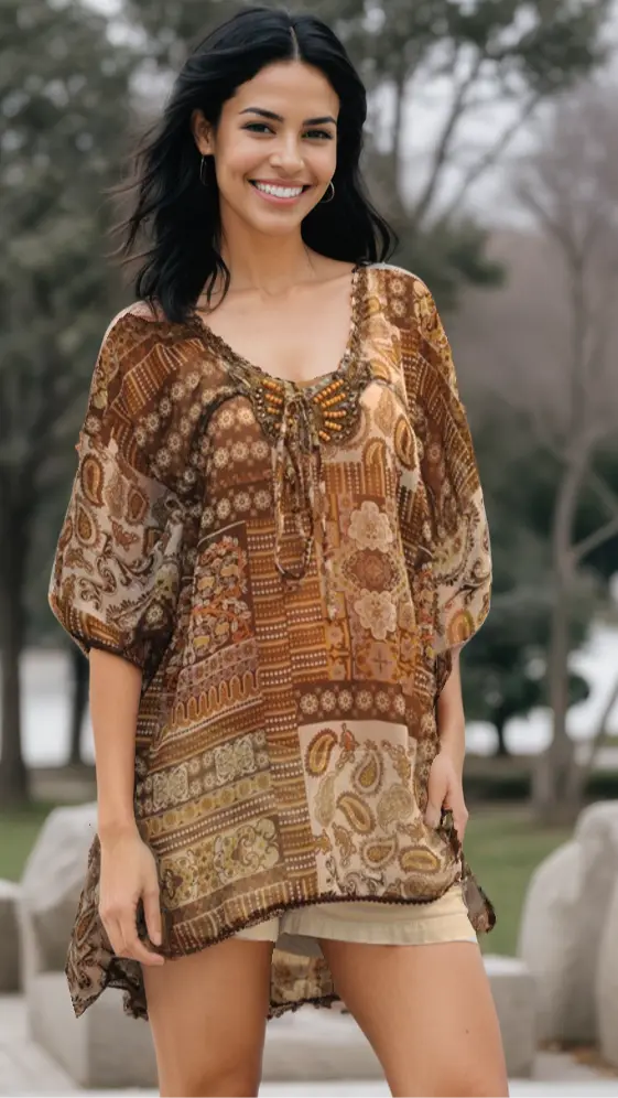 A woman with long dark hair smiles outdoors in a Lamodaclothing Beaded Kaftan, featuring brown and tan patterns, short sleeves, and a lace-up neckline—perfect to wear over a swimsuit or pair with shorts for casual style.