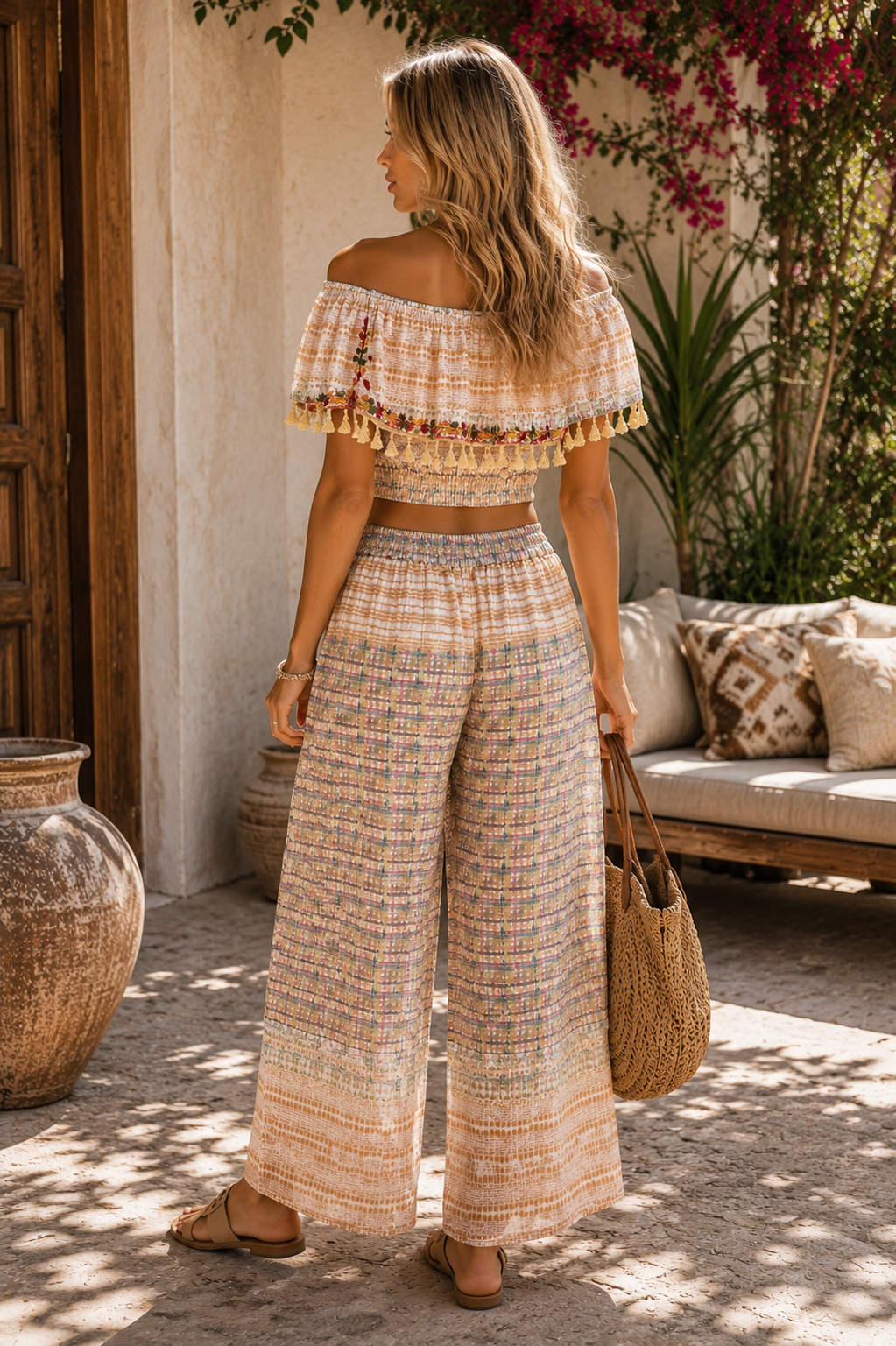 Boho Breeze Embroidered Off-Shoulder Pant Set – Tropical Resort Two-Piece Outfit
