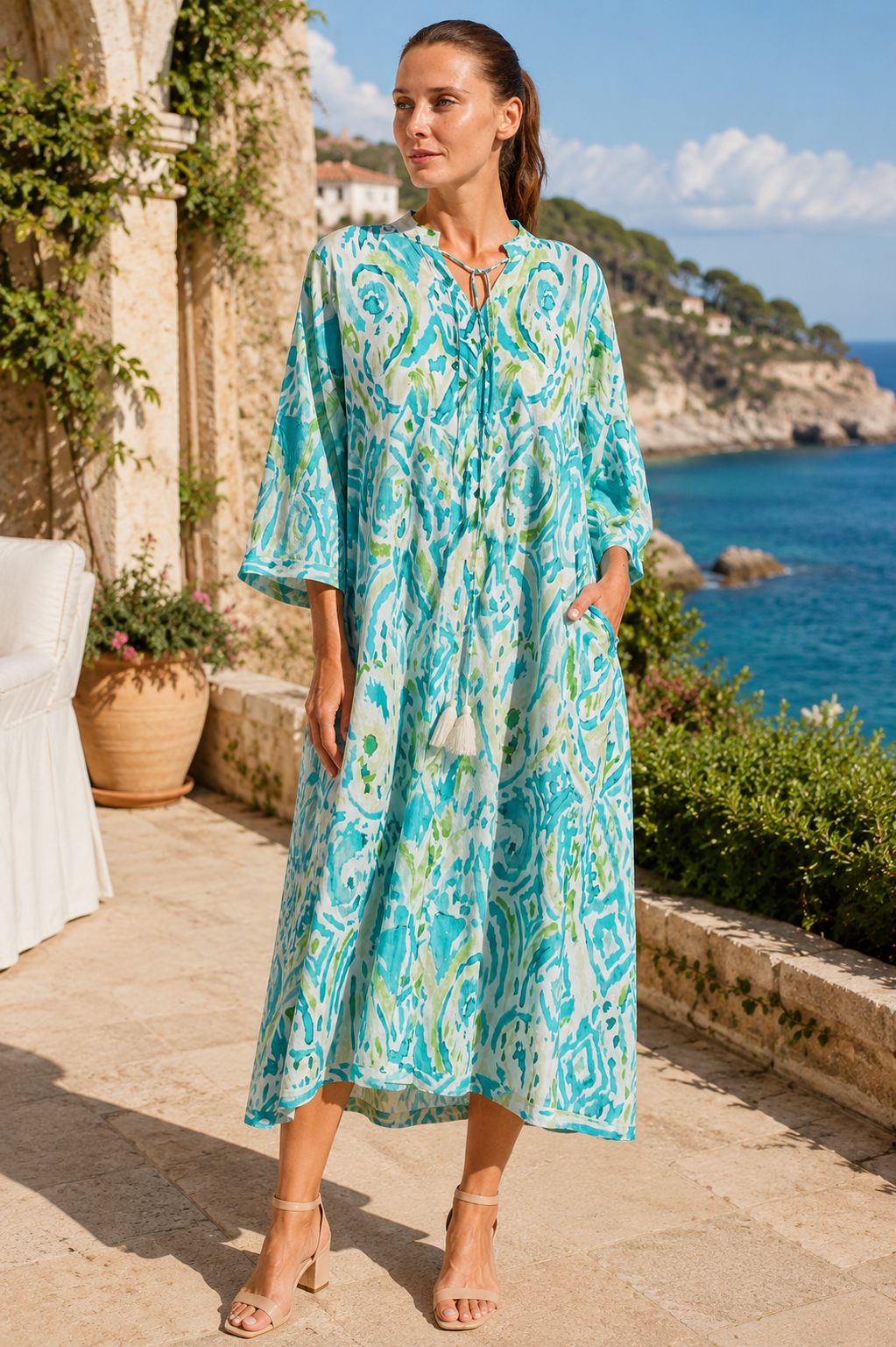 Club Moda Women's Cotton Caftan Dress – Blue Coastal Print Resort Wear, Relaxed Fit Midi Kaftan with Pockets, Vacation Beach Cover Up