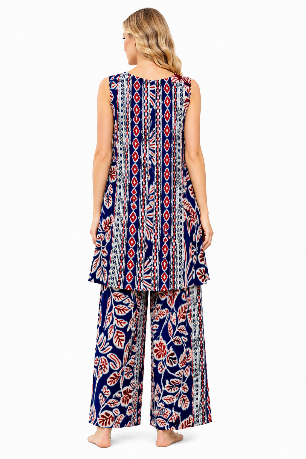 Navy batik print sleeveless tunic and palazzo pant set - 2-piece resort co-ord for women