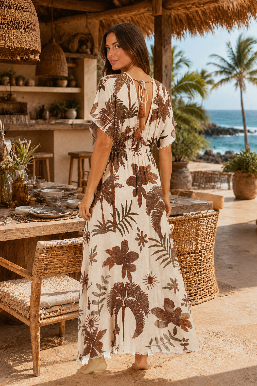 Chocolate Palm-Print Kimono-Sleeve Tie-Waist Maxi Kaftan Dress - Designer Maxi Dress | Elegant Kaftan Cover Up Dress | Club Moda USA