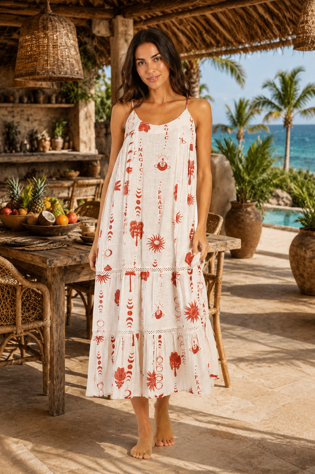 Terracotta Folk-Print Tiered Maxi Resort Dress - Designer Maxi Dress | Elegant Kaftan Cover Up Dress | Club Moda USA