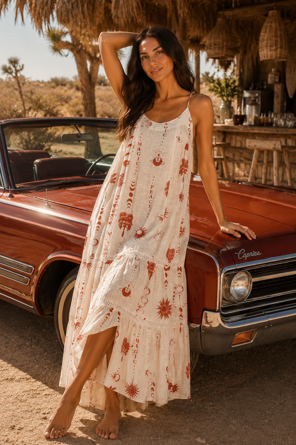 Terracotta Folk-Print Tiered Maxi Resort Dress - Premium Resort Wear | Luxury Maxi Dress for Vacation & Cruise | Club Moda