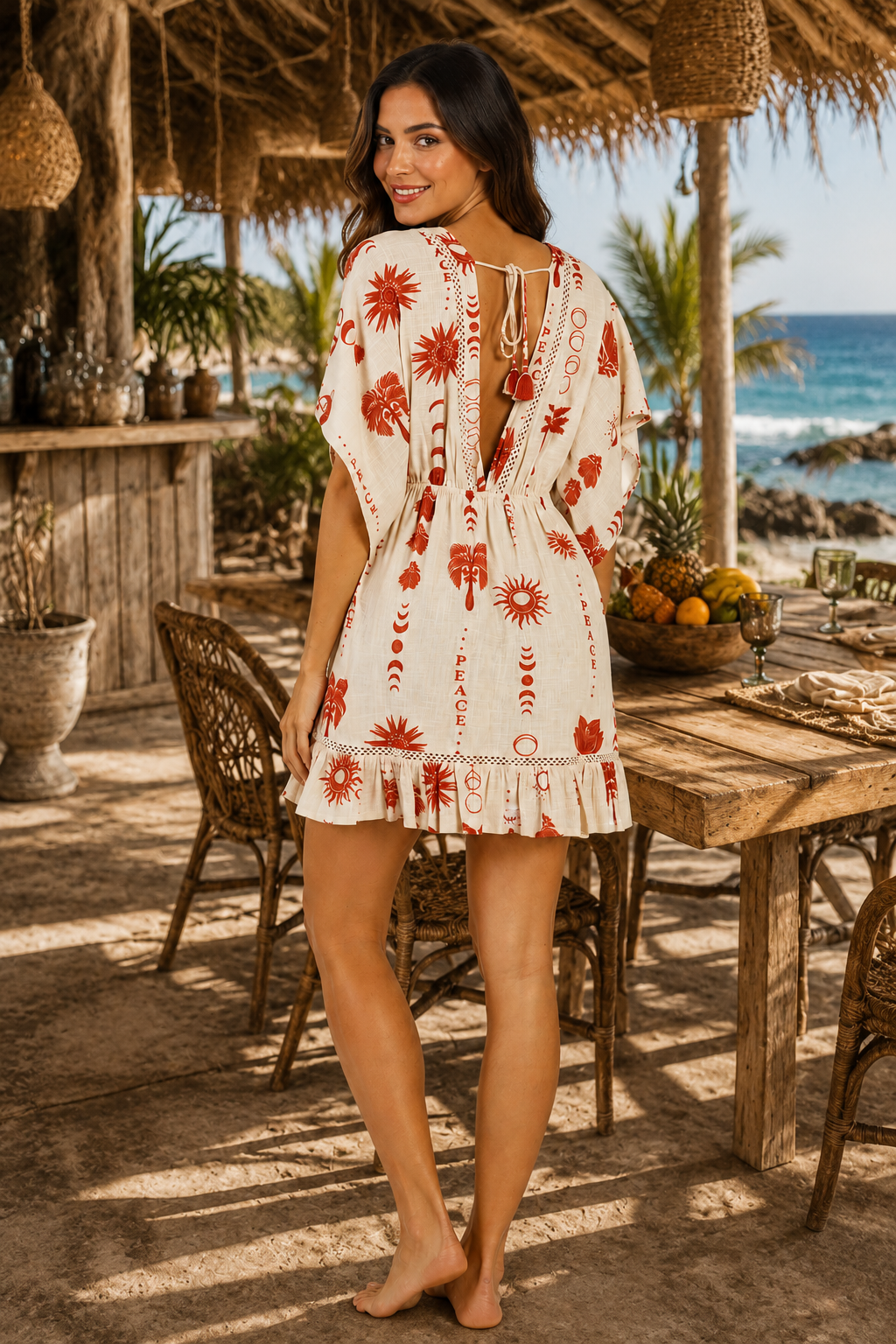 Terracotta Folk-Print Kimono-Sleeve Mini Resort Dress - Designer Mini Dress | Elegant Kaftan Cover Up Dress | Club Moda USA
