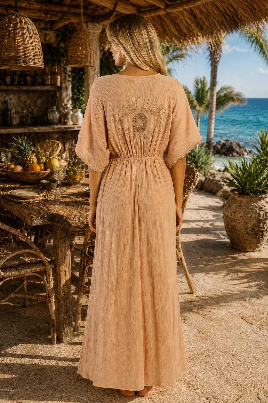 Blush Solid Kimono-Sleeve Deep-V Smocked Waist Maxi Kaftan Dress - Designer Caftan | Elegant Kaftan Cover Up Dress | Club Moda USA