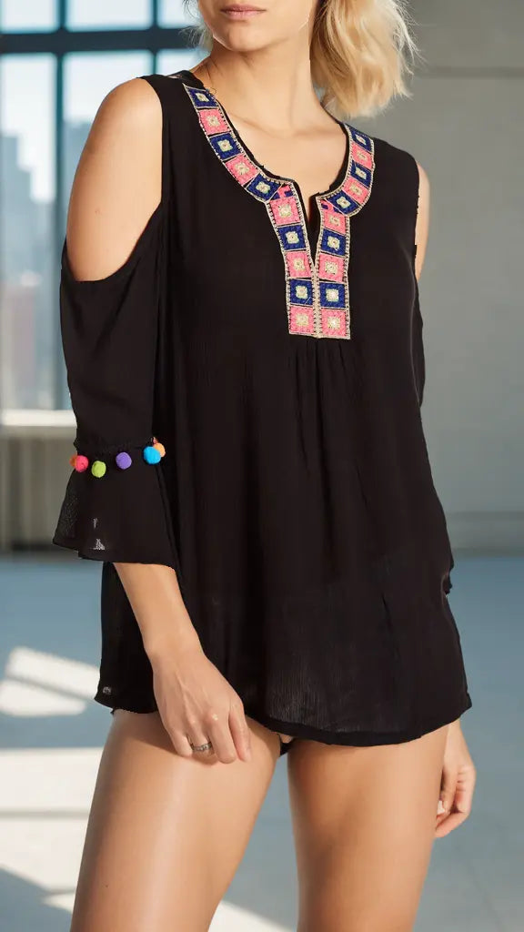 Embroidered Cold Shoulder Beach Top with colorful pompoms – women’s summer blouse, resort wear, beach cover up, tropical vacation outfit, cruise fashion.
