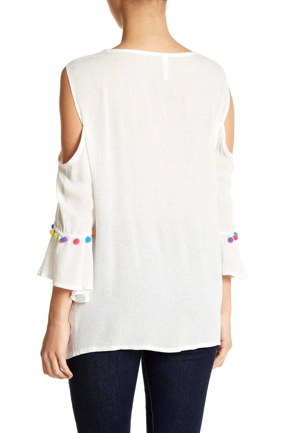 Black Embroidered Cold Shoulder Top with Colorful Pompoms - La Moda Clothings