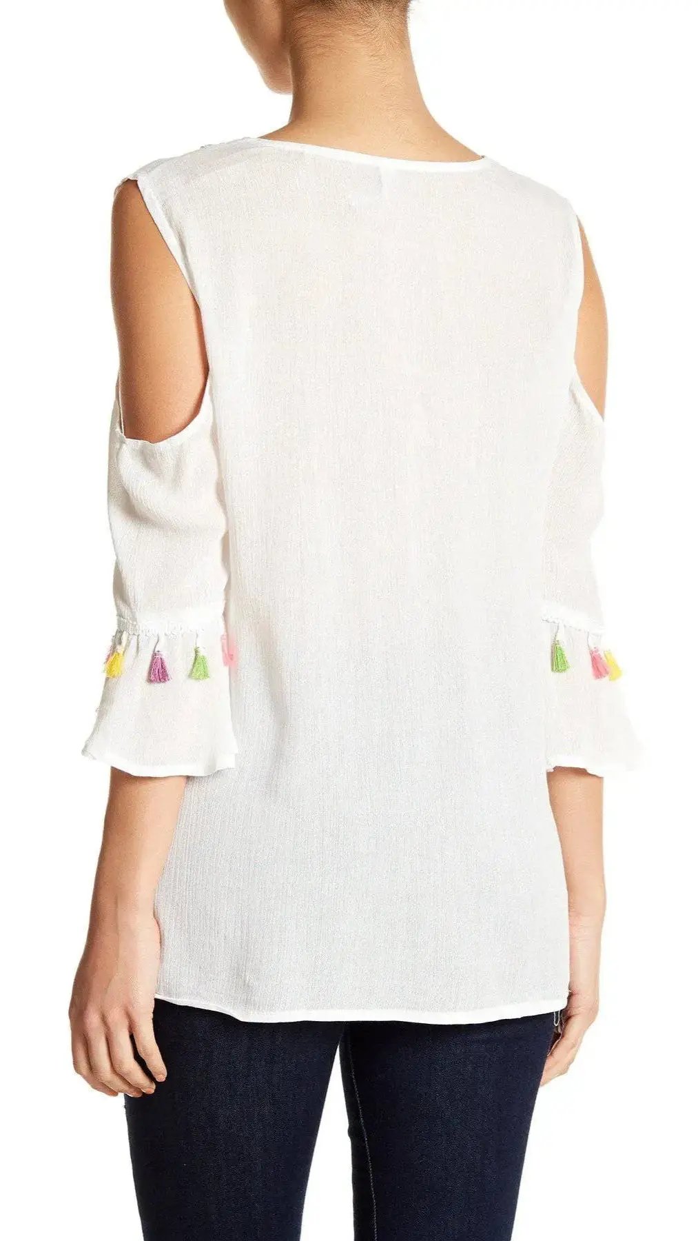 Embroidered Cold ShoulderTop with Colorful Tassels - La Moda Clothings
