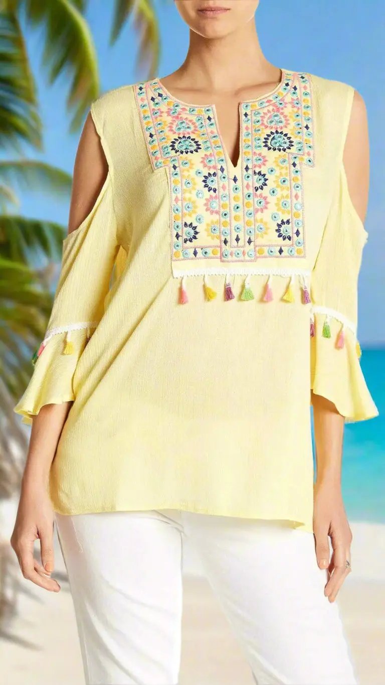 Embroidered Cold ShoulderTop with Colorful Tassels - La Moda Clothings