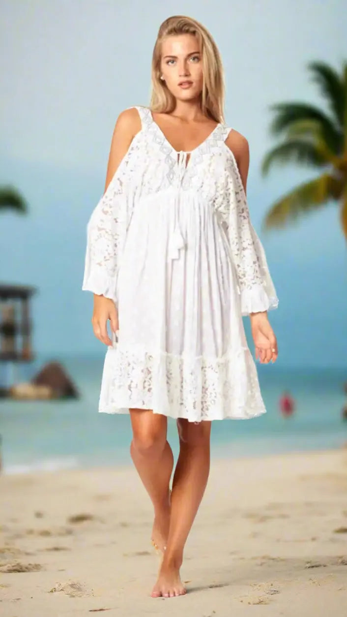 Cold Shoulder Casual Mini Dress in White La Moda Clothing Mini Dress