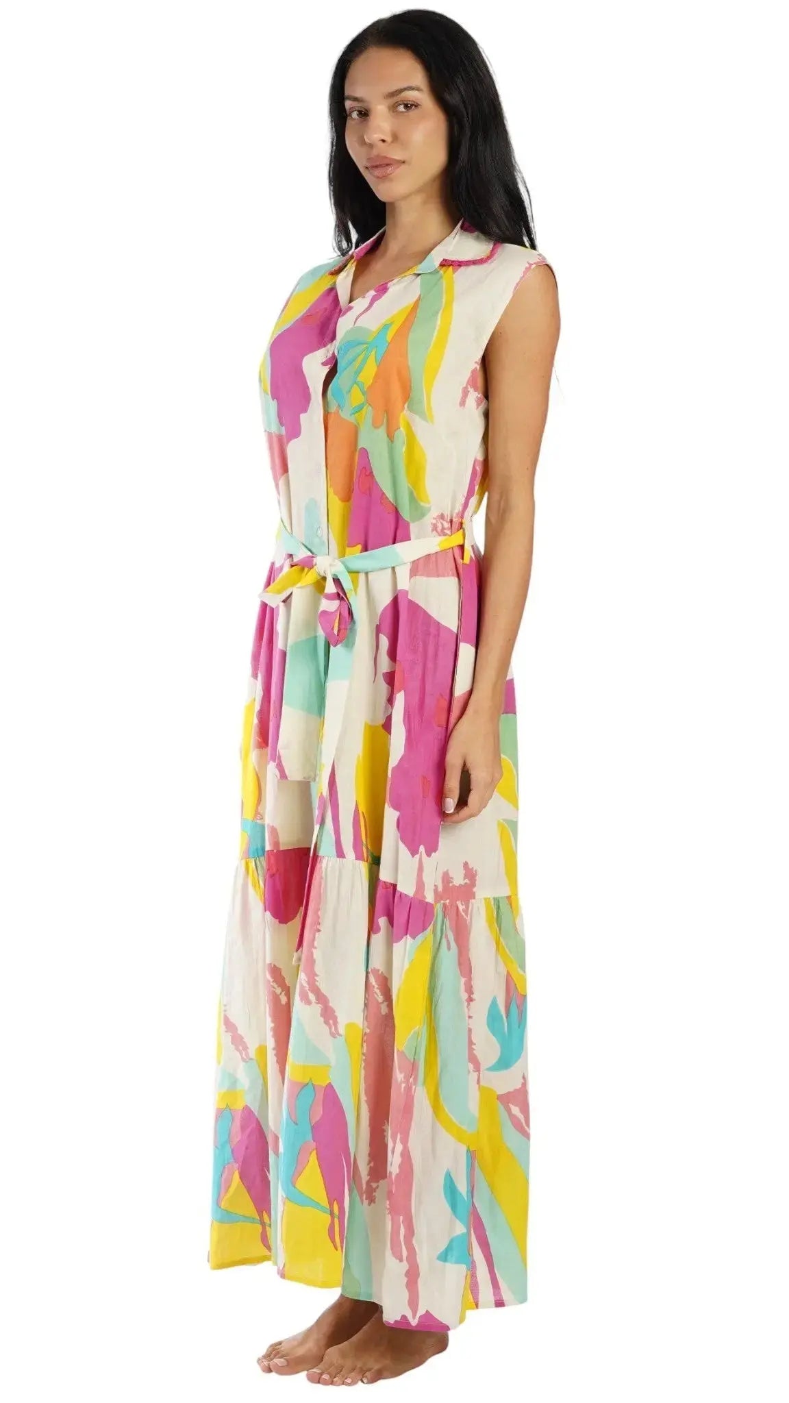 Colorful Sleeveless Maxi Shirt Dress – Luxury Resort Wear Vacation Dress Club Moda Dresses