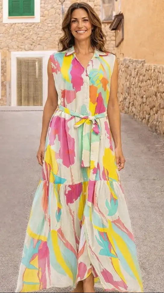 Colorful Sleeveless Maxi Shirt Dress – Luxury Resort Wear Vacation Dress - Premium Resort Wear | Luxury Dresses for Vacation & Cruise | Club Moda