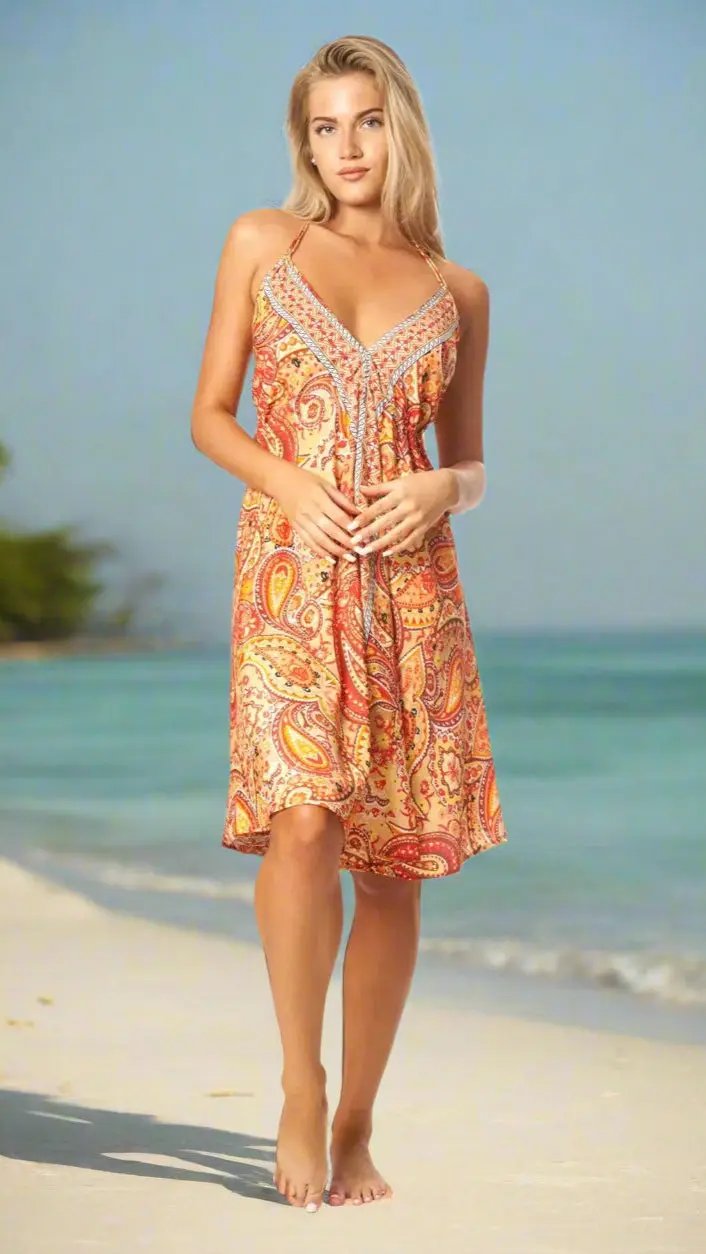 A woman with long blonde hair stands barefoot on the sand, gazing at the camera in a sleeveless orange Cute Positano Mini Boho Dress by La Moda Clothing. The ocean, blue sky, and distant trees create a perfect setting for a beach vacation.
