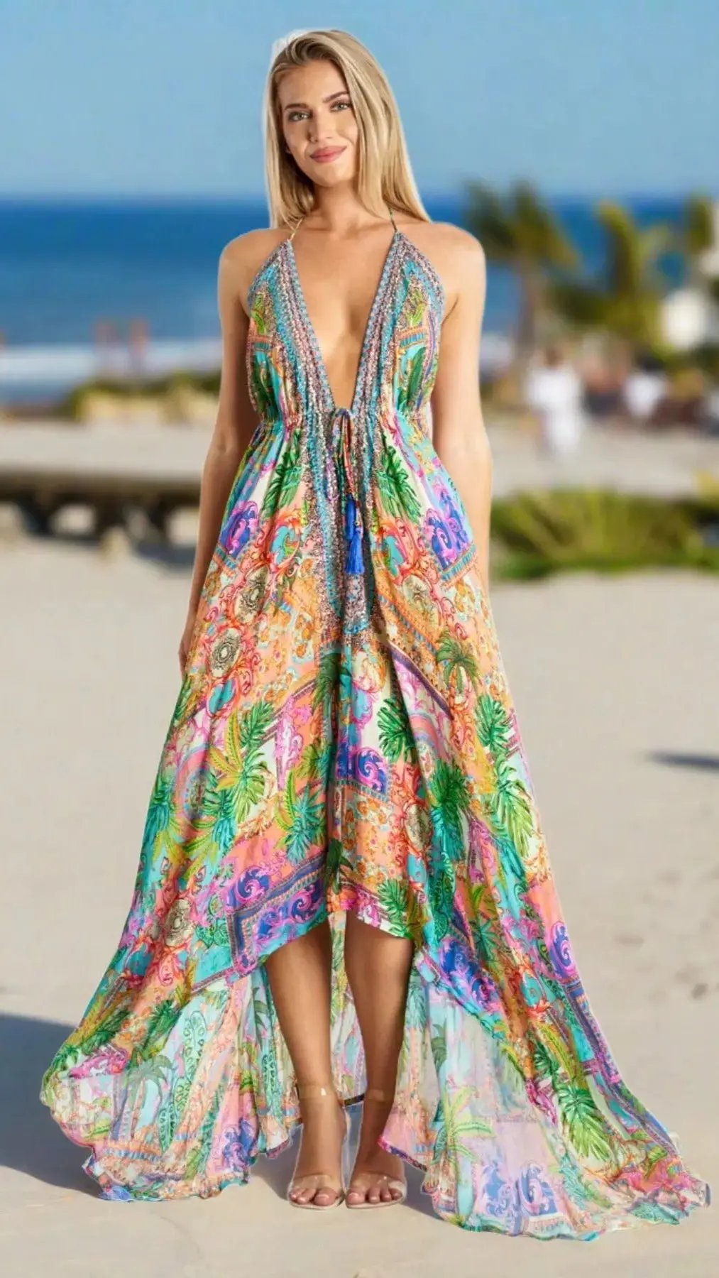 Designer Halter Neck Backless Resort Dress For Women - La Moda Clothing