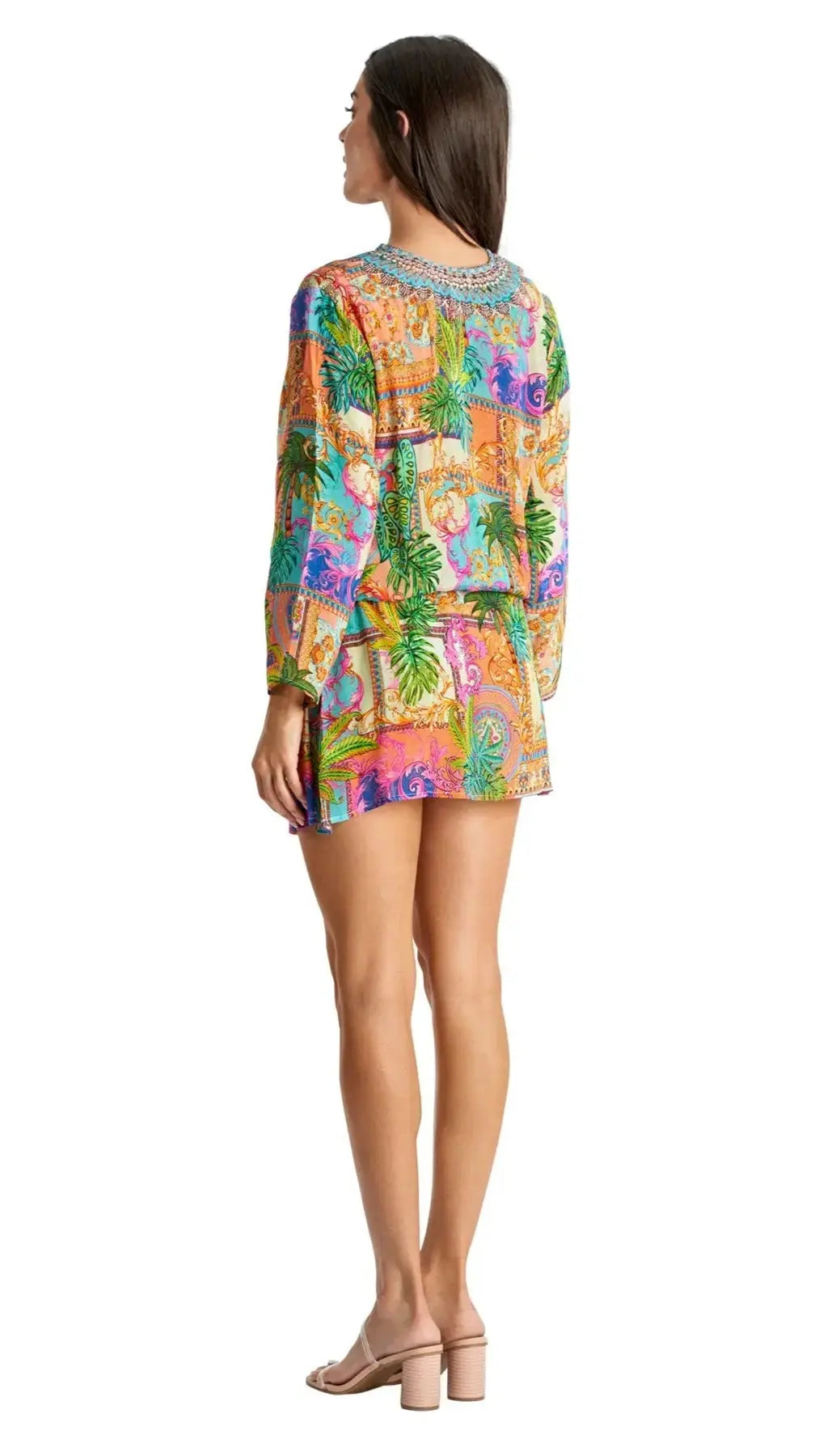 Drawstring Tunic Resort Dress in Palm Print La Moda Clothing