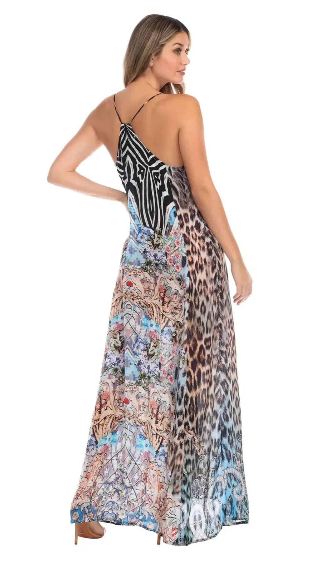 Blue Leopard Elegant Maxi Pocket Dress in Viscose Silk - La Moda Clothings
