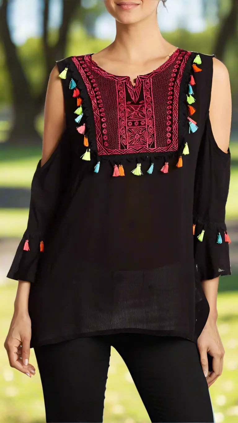 Embroidered Cold Shoulder Beach Top with Colorful Tassels – women’s summer beachwear, resort top, cruise outfit, boho chic blouse for tropical vacations.