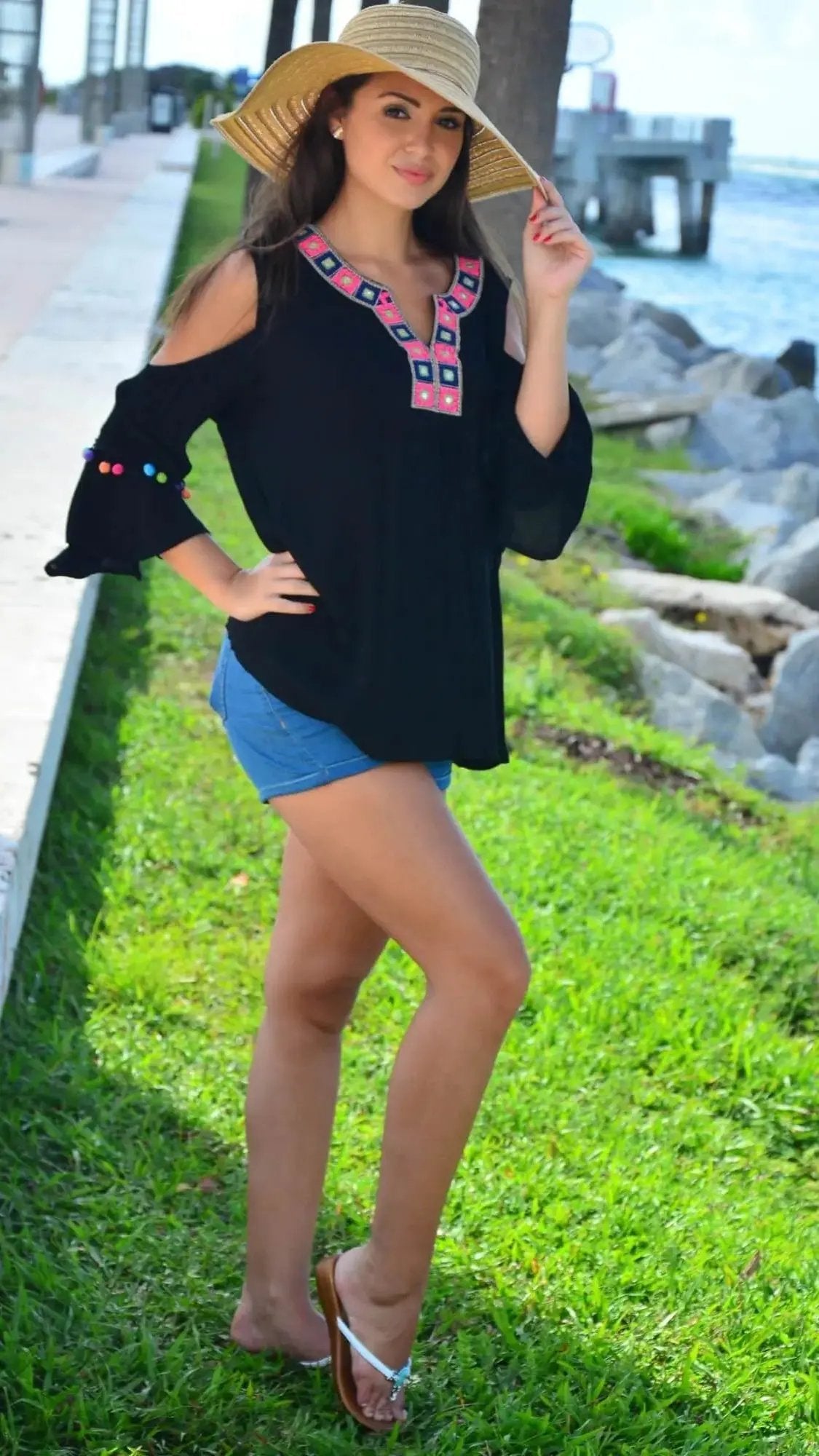 Black Embroidered Cold Shoulder Top with Colorful Pompoms - La Moda Clothings