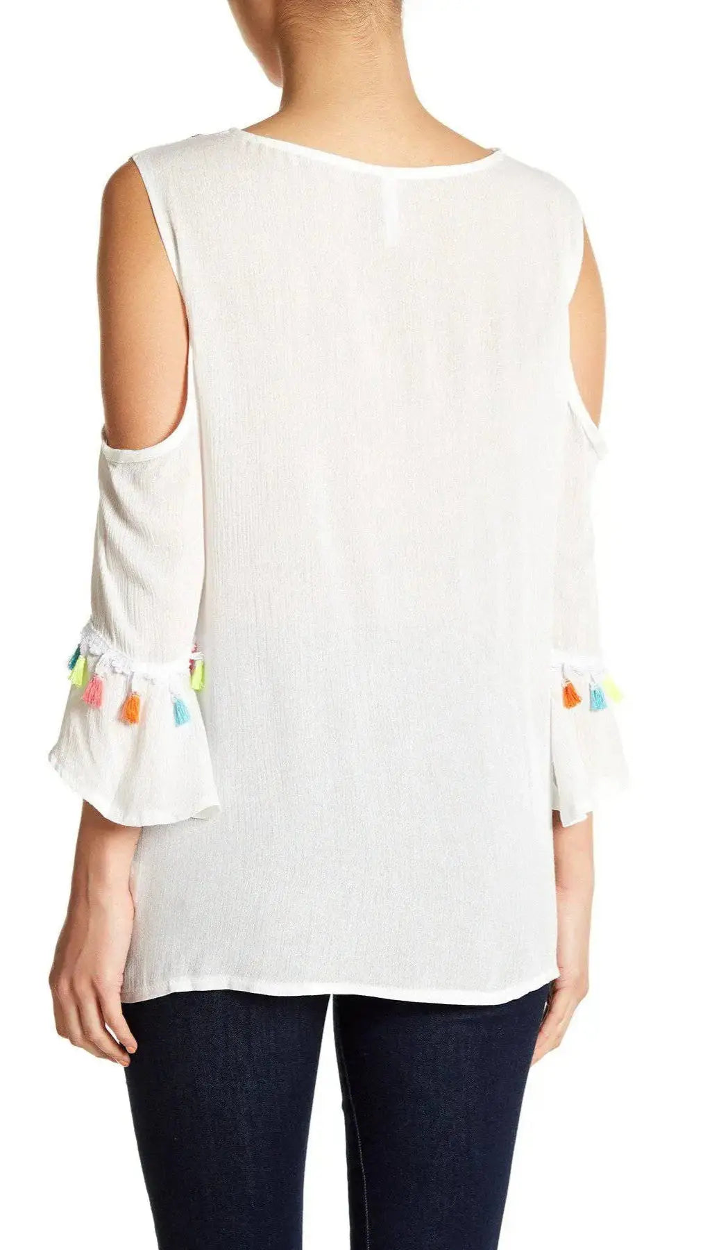 Embroidered Cold Shoulder Cover-Up Top with Colorful Tassels lamodaclothings Tunics