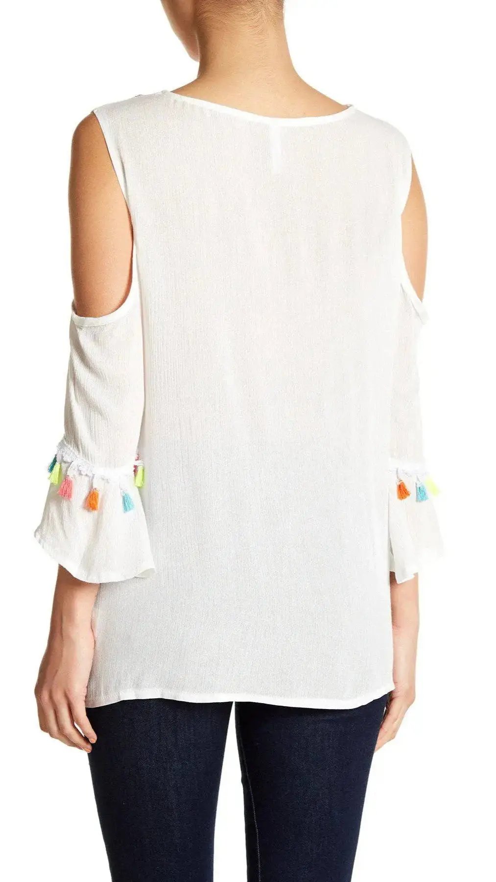 Black Embroidered Cold ShoulderTop with Colorful Tassels - La Moda Clothings