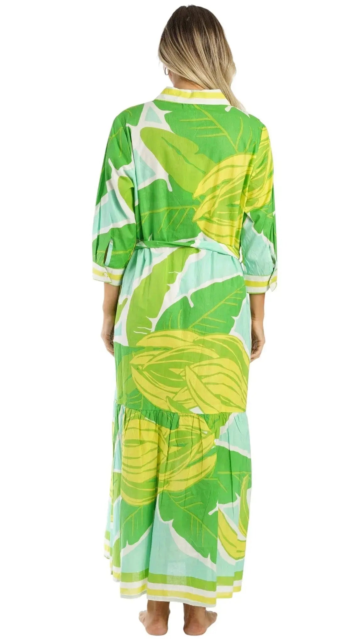 Green Tropical Maxi Shirt Dress – Luxury Resort Wear Vacation Dress Club Moda Dresses
