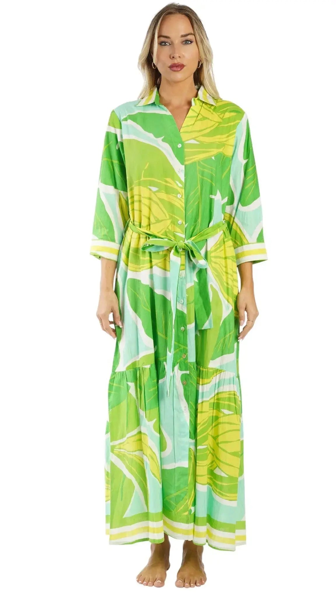 Green Tropical Maxi Shirt Dress – Luxury Resort Wear Vacation Dress Club Moda Dresses