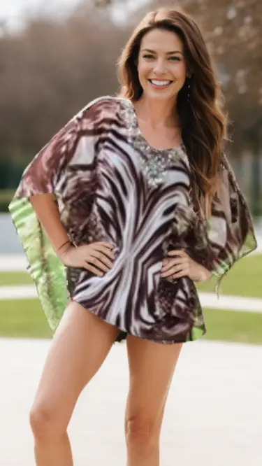 A woman with long brown hair smiles outdoors, wearing Lamodaclothing's "Beach to Bar" kaftan with a decorated neckline and abstract green, purple, and white swirls over shorts; blurred trees and a bright sky are behind her.
