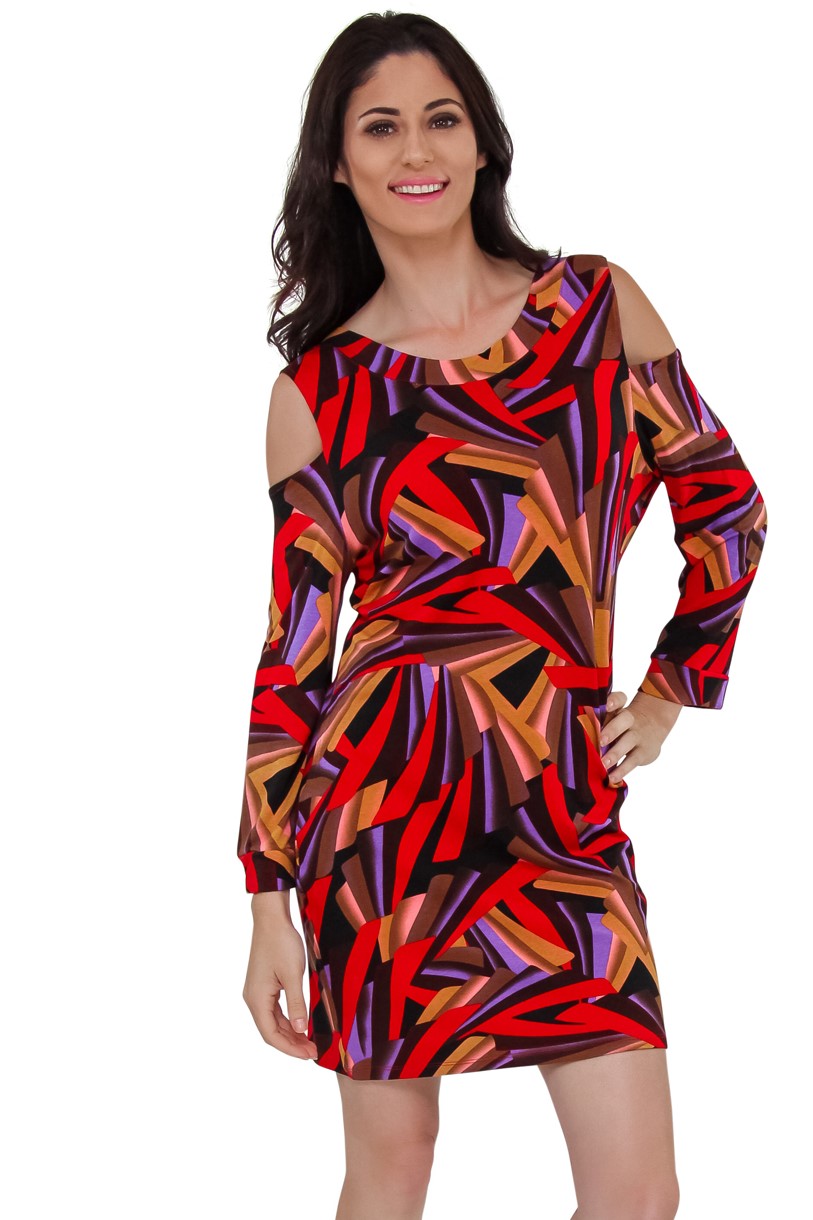 Trendy Cold Shoulder Resort Dress – women’s tunic style geometric print beach dress, long sleeve resort wear, cruise outfit, tropical vacation cover up.