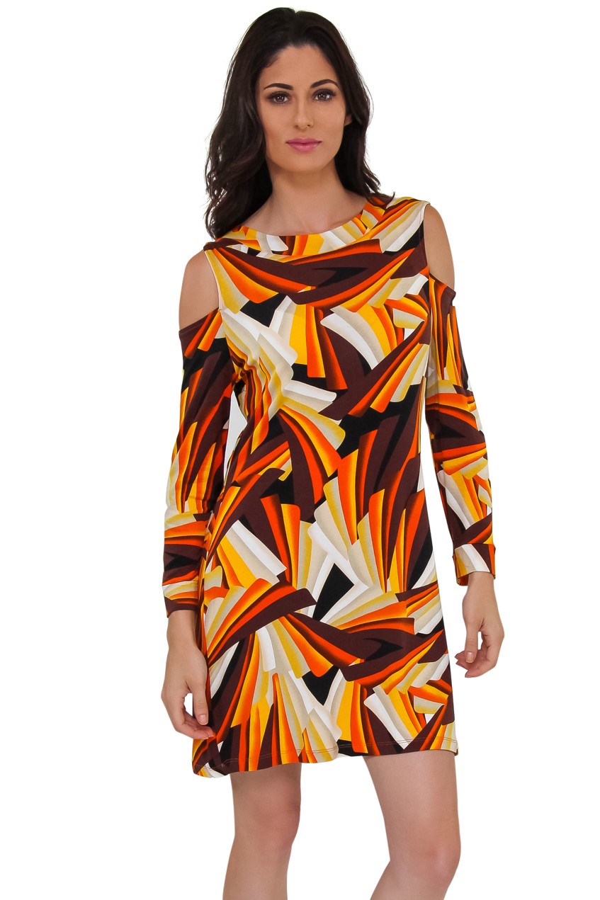 Trendy Cold Shoulder Resort Dress – women’s tunic style geometric print beach dress, long sleeve resort wear, cruise outfit, tropical vacation cover up.