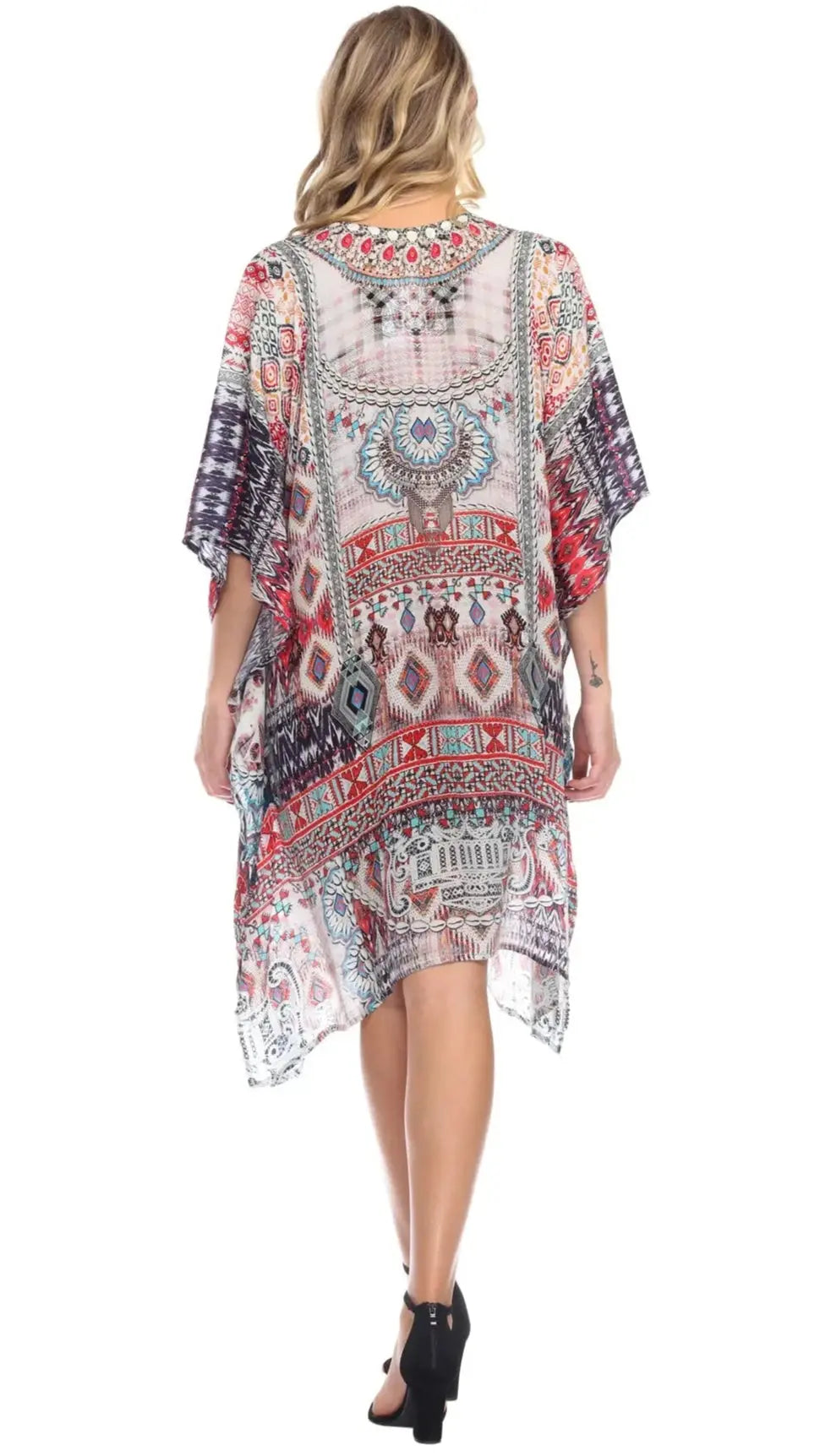 Ligthweight Rhinestone V Neck Printed Short Caftan in Viscose Silk - La Moda Clothings