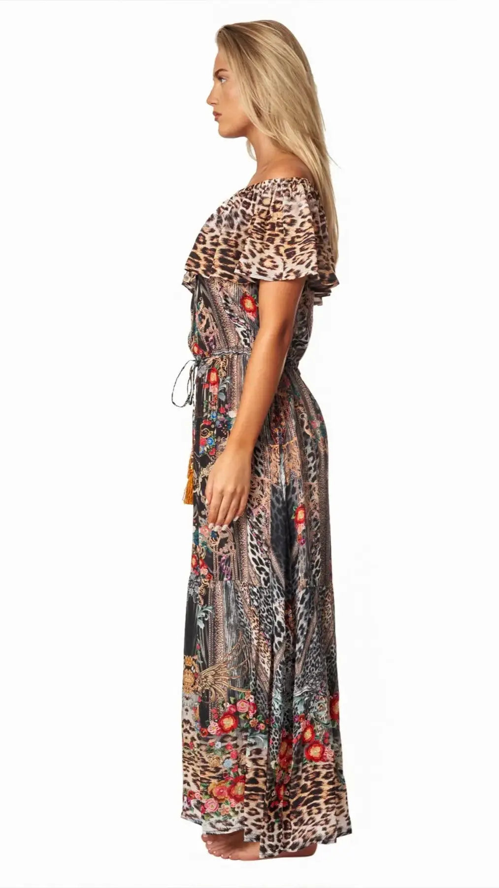 Eclectic Jungle Long Off the Shoulder Dress - La Moda Clothing