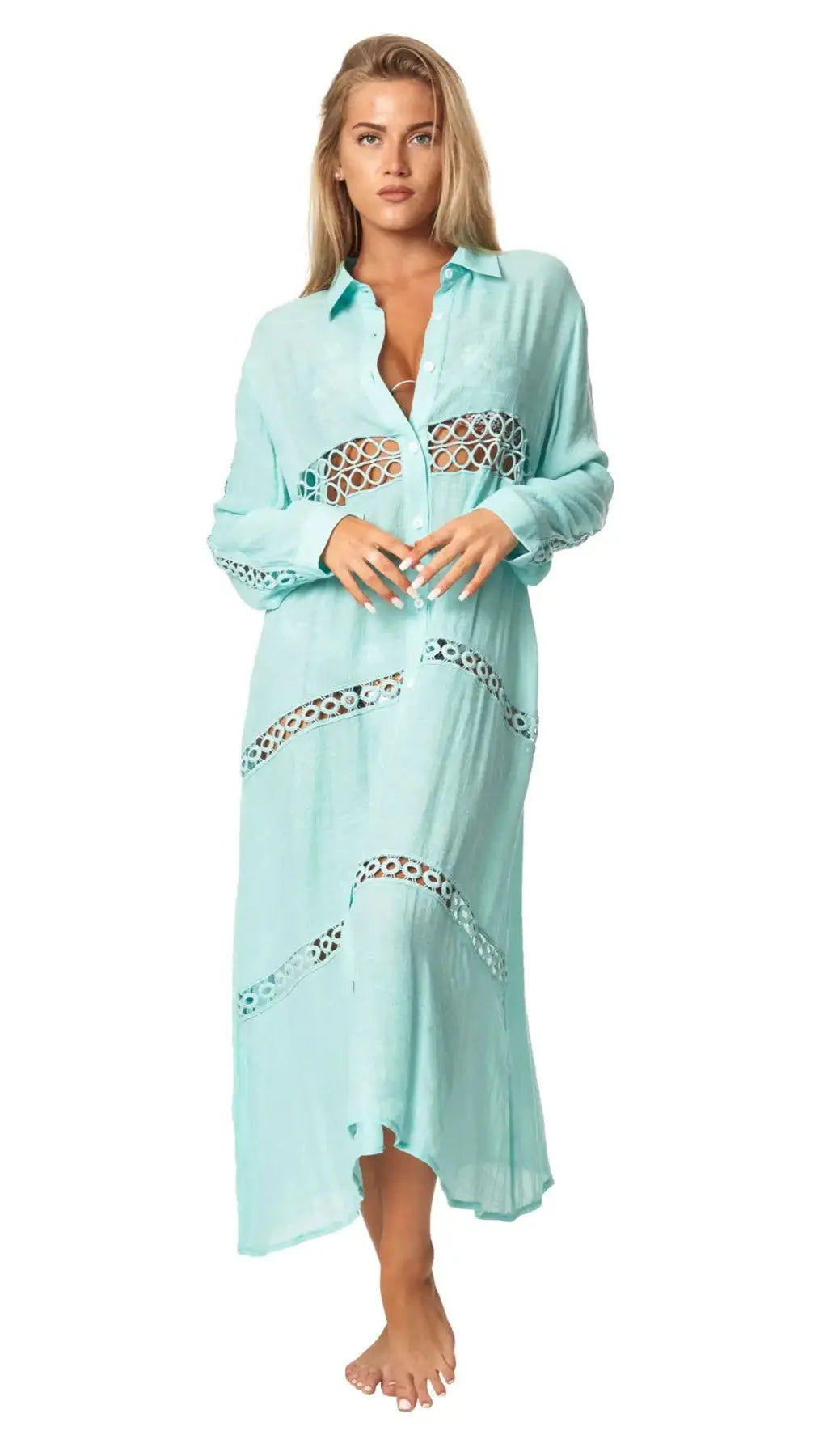 Women Loose Long Sleeve Shirt Dress Swimsuit Cover Ups - La Moda Clothing