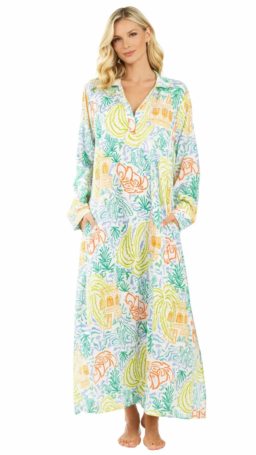 Luxury Maxi Caftan Resort Wear Dress – Tropical Print Vacation Style - Designer Caftans | Elegant Kaftan Cover Up Dress | Club Moda USA