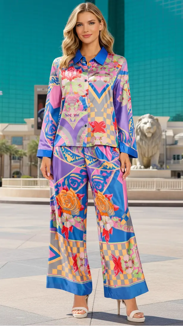 Luxury Resort Wear Set – Tropical Vacation Shirt & Palazzo Pants | Club Moda - Premium Resort Wear | Luxury cord set for Vacation & Cruise | Club Moda