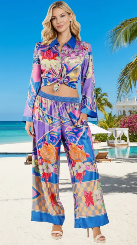 Luxury Resort Wear Set – Tropical Vacation Shirt & Palazzo Pants | Club Moda Club Moda cord set