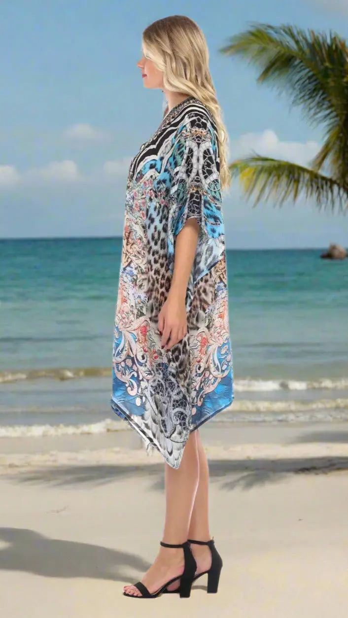 Luxury Silk Caftan Dress/Cover Up with V-Neck Cross Lace - La Moda Clothings