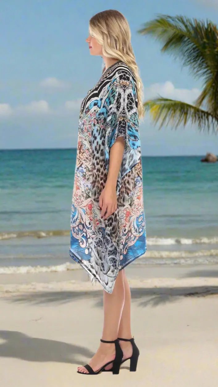 Luxury Silk Caftan Dress/Cover Up with V-Neck Cross Lace - La Moda Clothings