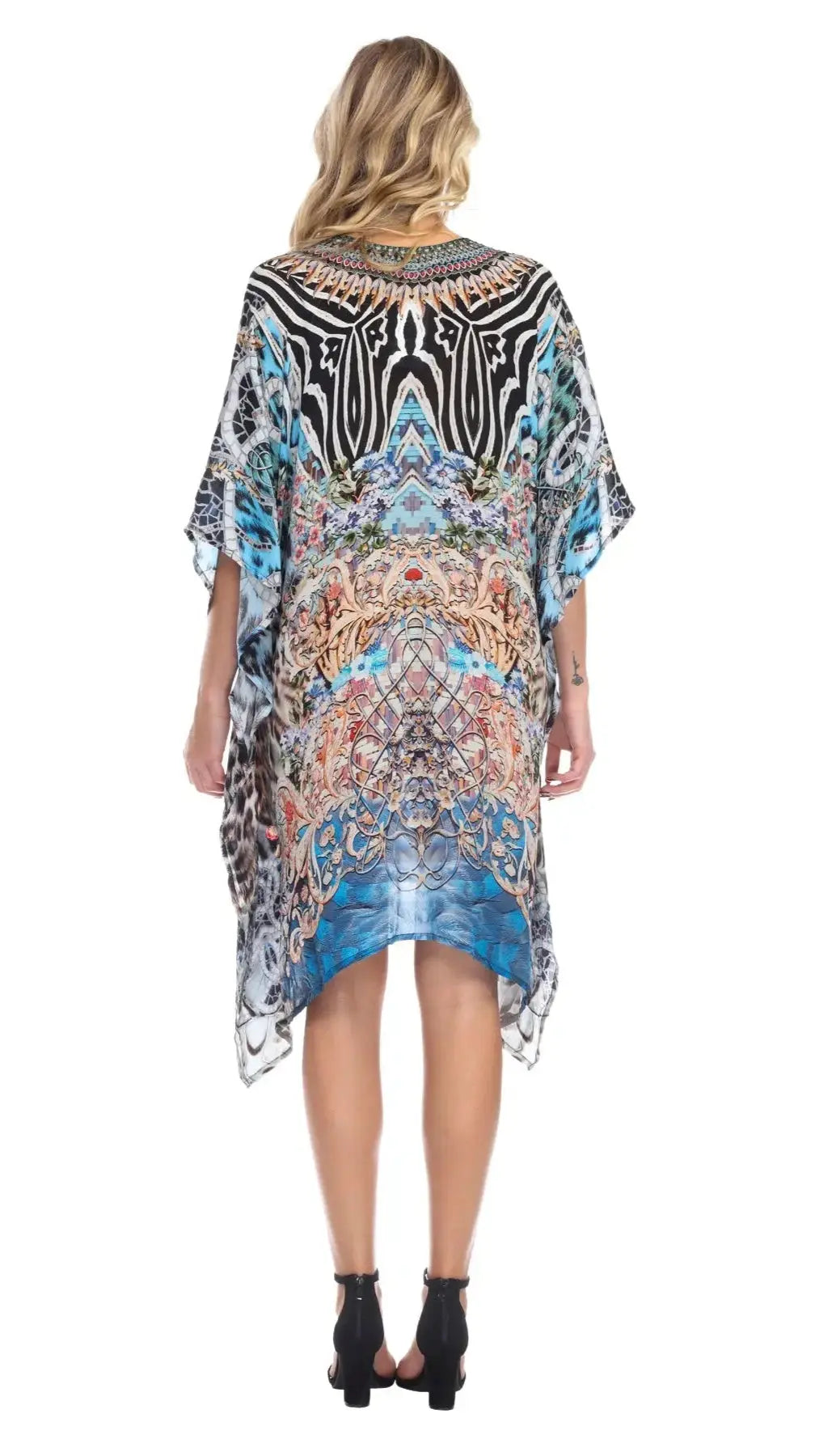 Luxury Silk Caftan Dress/Cover Up with V-Neck Cross Lace - La Moda Clothings