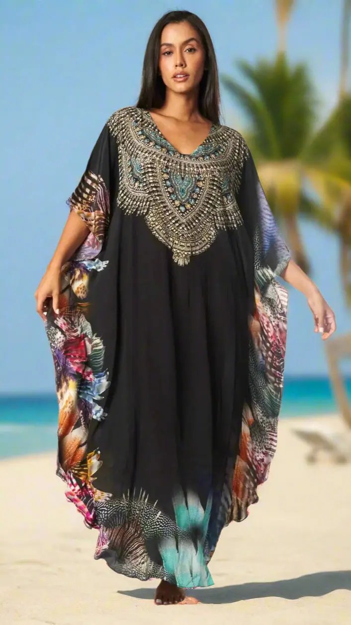 Lightweight Maxi Caftan Dress/Cover Up with Jewels - La Moda Clothing