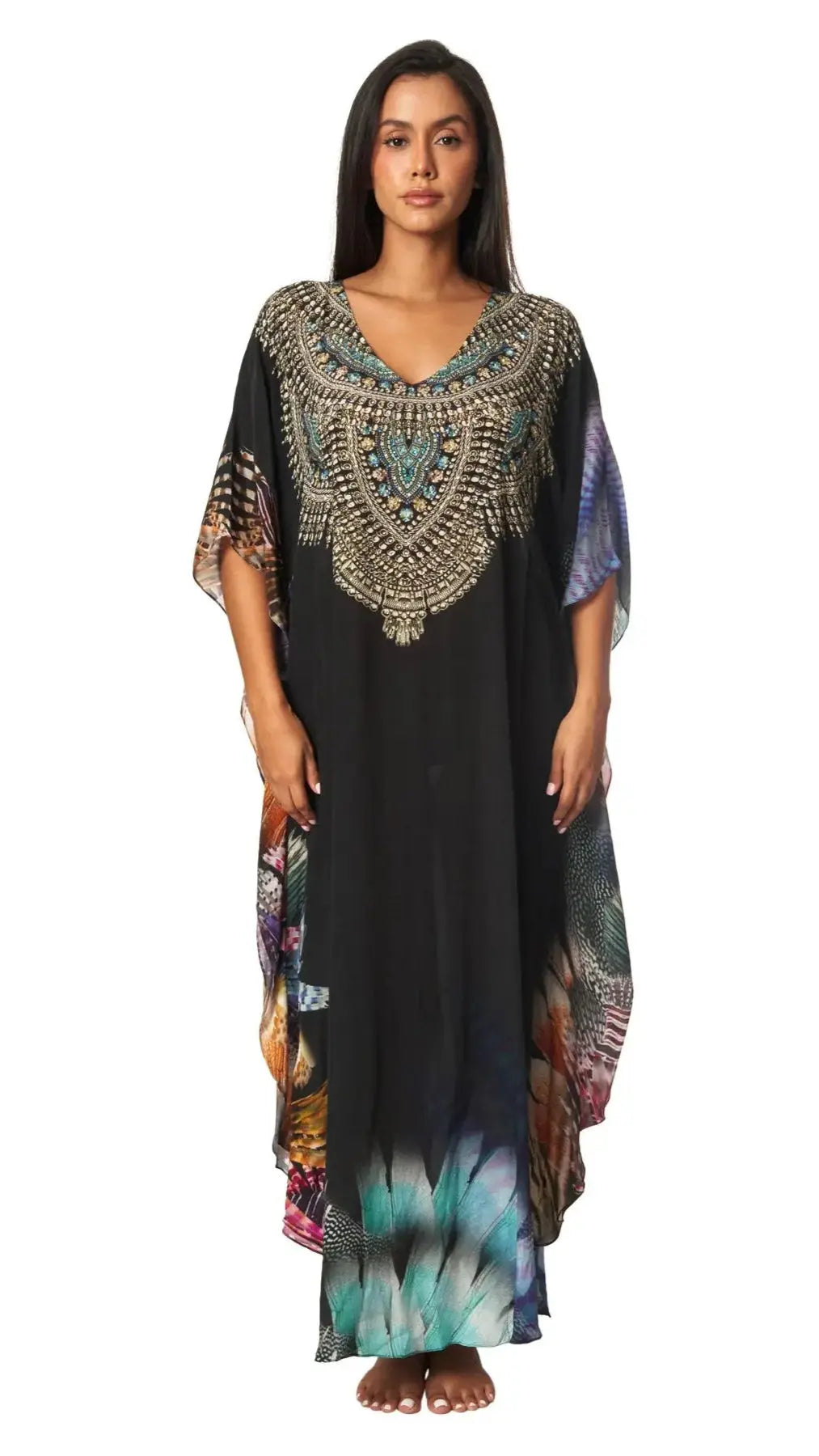 Lightweight Maxi Caftan Dress/Cover Up with Jewels - La Moda Clothing